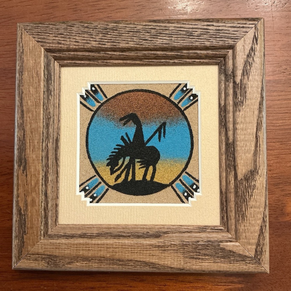 Native American Navajo Sand Painting Art in Oak Frame Signed Yazzie 6" X 6"